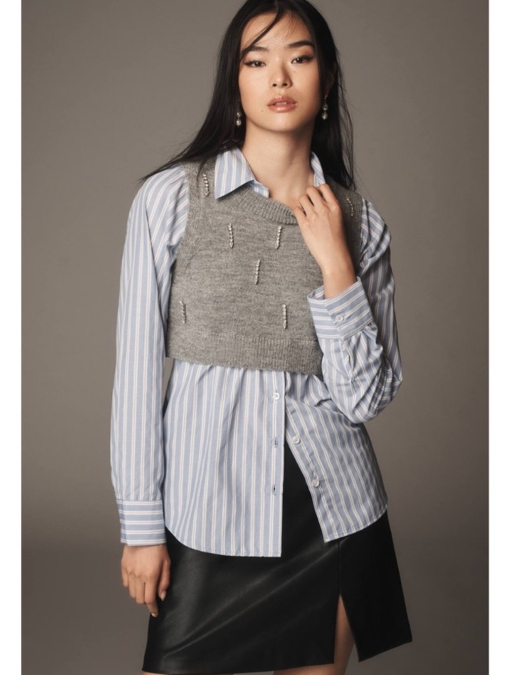 Maeve Anthropologie NWT layered shirt sweater vest top blue white gray